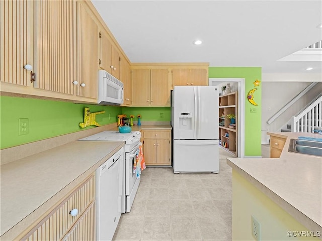 1203 Wesanne Ln, Chesterfield, VA 23114 - kitchen featuring white appliances, light countertops, light tile patterned floors, recessed lighting, and light brown cabinetry