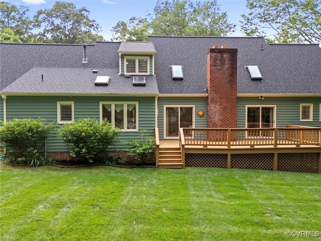 1203 Wesanne Ln, Chesterfield, VA 23114 - rear view of house featuring a deck, a yard, a chimney, and roof with shingles