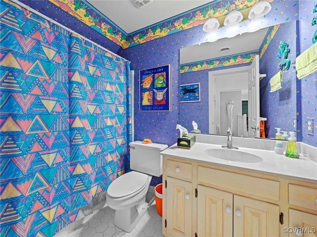 1203 Wesanne Ln, Chesterfield, VA 23114 - bathroom with wallpapered walls, vanity, tile patterned floors, and a shower with shower curtain