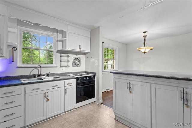 6808 Montauk Dr, Richmond, VA 23225 - kitchen with electric range, open shelves, dark countertops, and decorative light fixtures