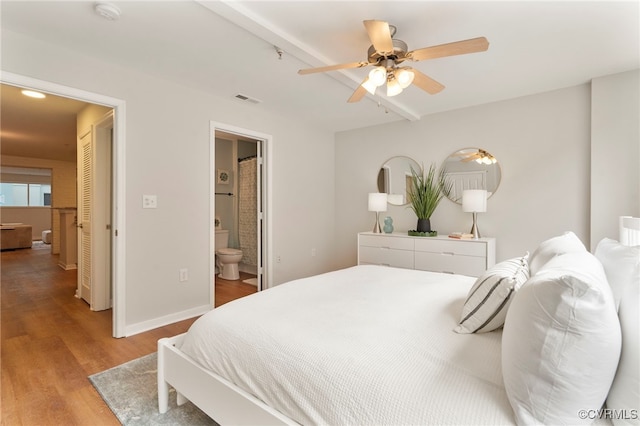 1716 Summit Ave Unit 18, Richmond, VA 23230 - bedroom with light wood-type flooring, connected bathroom, ceiling fan, and beam ceiling