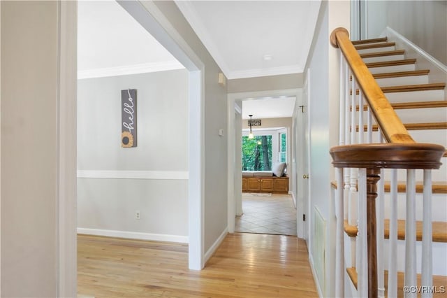 107 Oak Ridge Ct, Williamsburg, VA 23188 - hall featuring light wood-type flooring, stairway, and ornamental molding