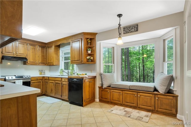 107 Oak Ridge Ct, Williamsburg, VA 23188 - kitchen featuring black dishwasher, stainless steel range with electric stovetop, brown cabinets, and under cabinet range hood