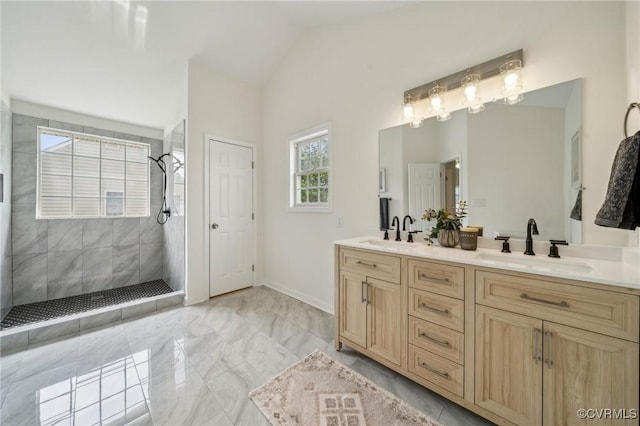 6030 Pond Place Way, Mechanicsville, VA 23111 - bathroom with double vanity, walk in shower, vaulted ceiling, and marble finish floors