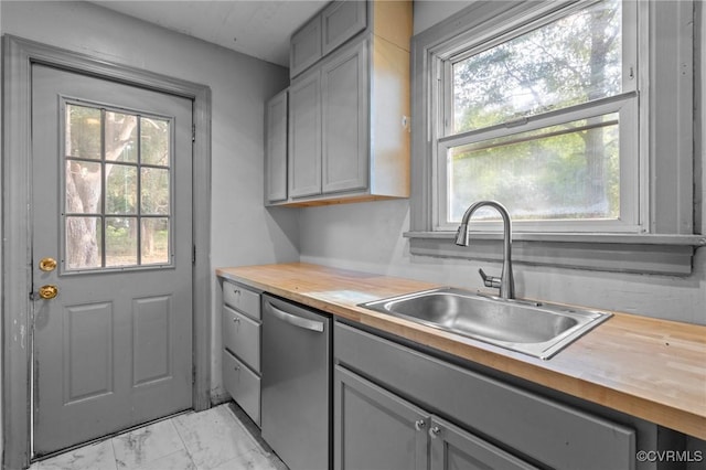 4123 Bremner Blvd, Henrico, VA 23228 - kitchen featuring wooden counters, stainless steel dishwasher, gray cabinetry, and light marble finish flooring