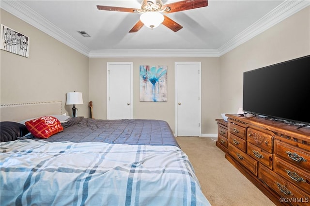9220 Brocket Dr, Midlothian, VA 23112 - bedroom with light colored carpet, crown molding, and ceiling fan