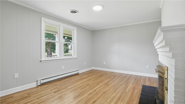 6010 Courthouse Rd, Prince George, VA 23875 - unfurnished living room featuring baseboard heating, a fireplace with flush hearth, light wood-style flooring, and ornamental molding