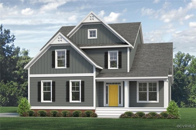 4606 Melbrook Way, Moseley, VA 23120 - view of front of house with board and batten siding, covered porch, a front lawn, and a shingled roof