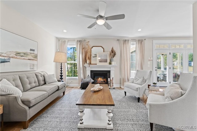 4606 Melbrook Way, Moseley, VA 23120 - living room with a fireplace with flush hearth, ceiling fan, and recessed lighting