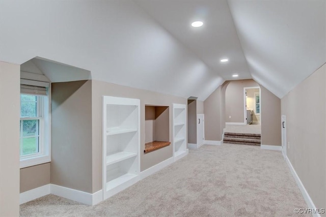 12309 Main St, Stony Creek, VA 23882 - additional living space with built in shelves, carpet flooring, lofted ceiling, and recessed lighting