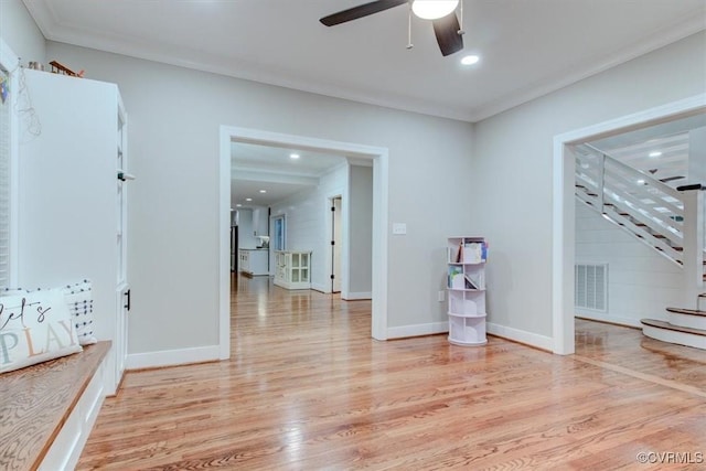 12309 Main St, Stony Creek, VA 23882 - unfurnished room featuring light wood-type flooring, stairs, a ceiling fan, ornamental molding, and recessed lighting
