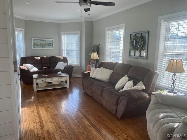 12309 Main St, Stony Creek, VA 23882 - living area featuring wood finished floors, ceiling fan, crown molding, and recessed lighting