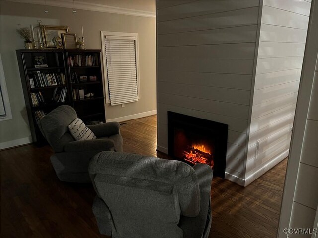 12309 Main St, Stony Creek, VA 23882 - living room with ornamental molding, wood finished floors, and a large fireplace