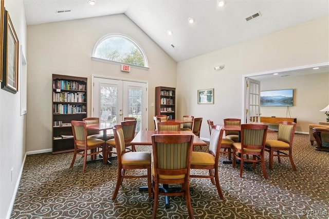 262 Claiborne Dr, Williamsburg, VA 23185 - dining area with high vaulted ceiling, carpet, french doors, and recessed lighting
