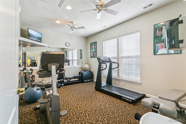 262 Claiborne Dr, Williamsburg, VA 23185 - exercise room featuring ceiling fan, a textured ceiling, carpet flooring, and recessed lighting