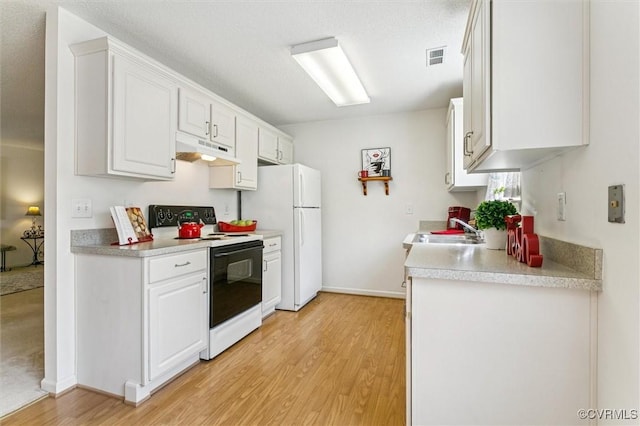 262 Claiborne Dr, Williamsburg, VA 23185 - kitchen with electric range, under cabinet range hood, freestanding refrigerator, light wood-style flooring, and white cabinets