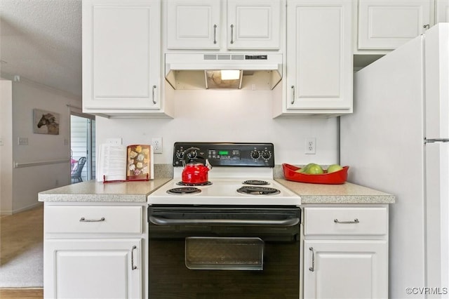 262 Claiborne Dr, Williamsburg, VA 23185 - kitchen featuring electric stove, under cabinet range hood, freestanding refrigerator, light countertops, and white cabinetry