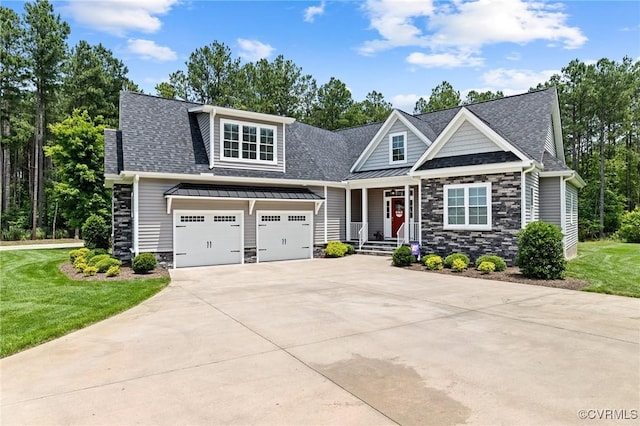 8000 Clancy Pl, Chesterfield, VA 23838 - craftsman inspired home featuring stone siding, covered porch, driveway, roof with shingles, and a front yard