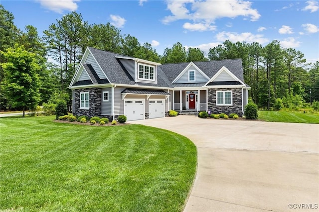 8000 Clancy Pl, Chesterfield, VA 23838 - view of front of property with stone siding, concrete driveway, a front yard, and roof with shingles