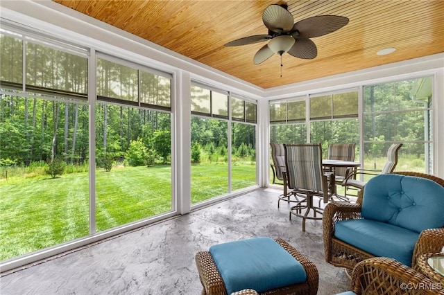8000 Clancy Pl, Chesterfield, VA 23838 - sunroom / solarium featuring wooden ceiling, ceiling fan, unfinished concrete floors, and outdoor dining area