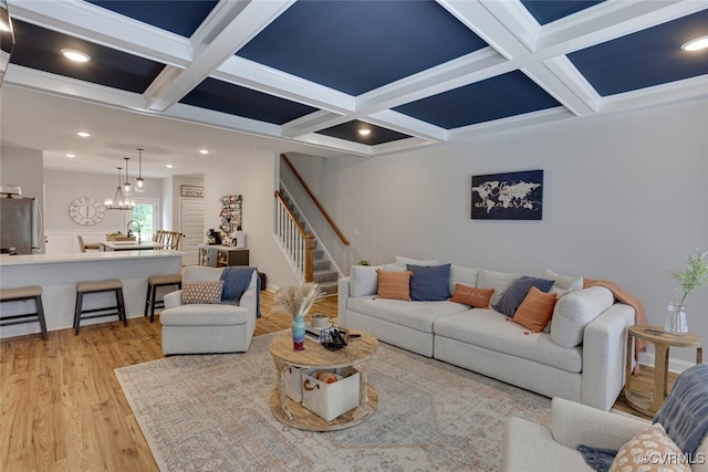 6504 Sanford Springs Cv, Midlothian, VA 23112 - living room with coffered ceiling, stairs, light wood-type flooring, beamed ceiling, and recessed lighting