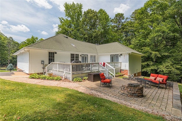 10151 W Providence Rd, North Chesterfield, VA 23236 - back of house with an outdoor living space with a fire pit, a patio, a deck, a lawn, and a shingled roof