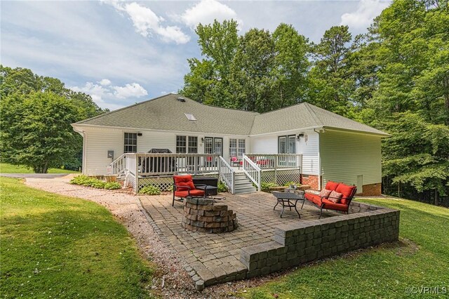 10151 W Providence Rd, North Chesterfield, VA 23236 - back of house featuring a patio, a deck, a lawn, an outdoor living space with a fire pit, and roof with shingles