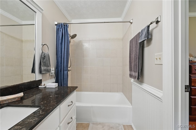 99 Oak Hill Rd, Cumberland, VA 23040 - full bathroom featuring vanity, shower / bathtub combination with curtain, ornamental molding, and tile patterned flooring
