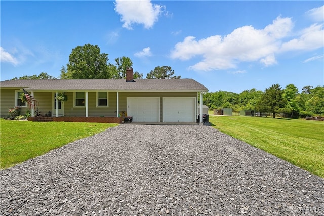 99 Oak Hill Rd, Cumberland, VA 23040 - ranch-style house with an attached garage, gravel driveway, a chimney, a front yard, and a porch