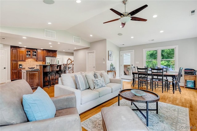 9065 Greenlake Cir, Mechanicsville, VA 23116 - living area featuring lofted ceiling, light wood-style floors, a ceiling fan, and recessed lighting