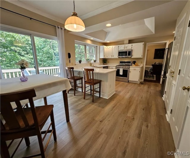 10278 Henderson Hall Rd, Mechanicsville, VA 20116 - kitchen with stainless steel appliances, a peninsula, white cabinets, light countertops, and ornamental molding