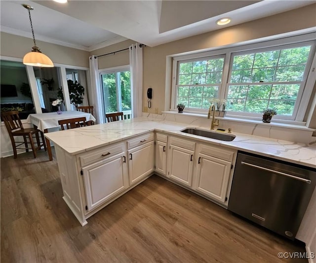 10278 Henderson Hall Rd, Mechanicsville, VA 20116 - kitchen featuring dishwasher, wood finished floors, crown molding, light stone countertops, and hanging light fixtures
