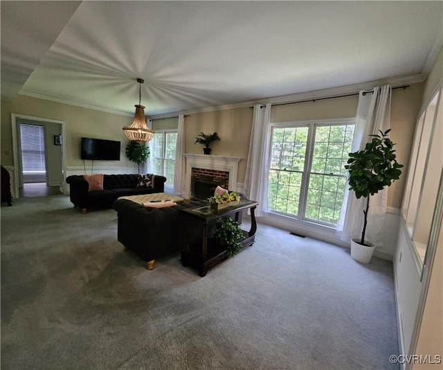 10278 Henderson Hall Rd, Mechanicsville, VA 20116 - carpeted living area featuring crown molding and a fireplace