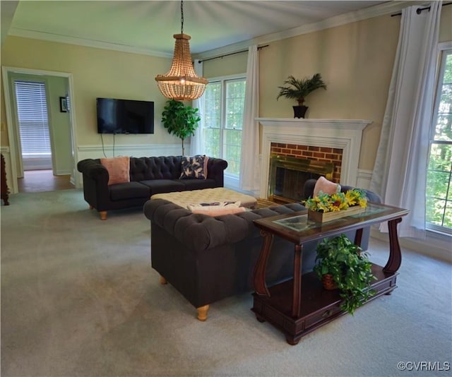 10278 Henderson Hall Rd, Mechanicsville, VA 20116 - living area featuring carpet, ornamental molding, and a fireplace