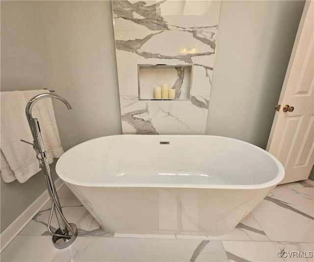 10278 Henderson Hall Rd, Mechanicsville, VA 20116 - bathroom with marble look tile flooring and a freestanding tub
