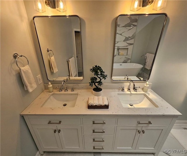 10278 Henderson Hall Rd, Mechanicsville, VA 20116 - bathroom with double vanity, a soaking tub, and marble finish floors