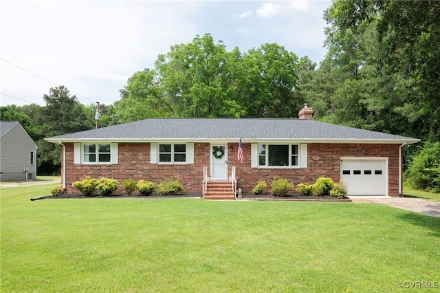 2000 Point Of Rocks Rd, Chester, VA 23836 - ranch-style home featuring an attached garage, brick siding, a front yard, driveway, and a chimney