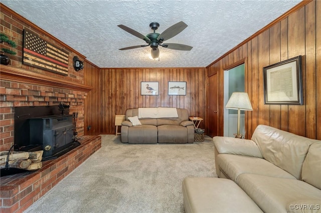 2000 Point Of Rocks Rd, Chester, VA 23836 - living area with a wood stove, carpet floors, ceiling fan, wood walls, and a textured ceiling