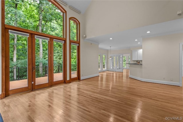 9261 Royal Grant Dr, Hanover, VA 23116 - unfurnished living room with light wood finished floors, high vaulted ceiling, french doors, and recessed lighting