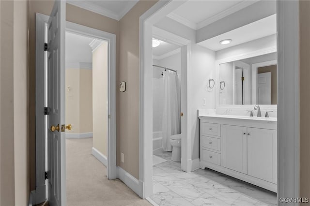9261 Royal Grant Dr, Hanover, VA 23116 - full bathroom with marble finish flooring, vanity, ornamental molding, and shower / tub combo