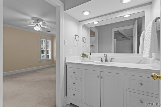 9261 Royal Grant Dr, Hanover, VA 23116 - full bathroom featuring vanity, crown molding, a ceiling fan, and a shower