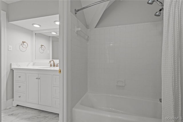 9261 Royal Grant Dr, Hanover, VA 23116 - bathroom featuring shower / bath combination with curtain, vanity, and marble finish floors