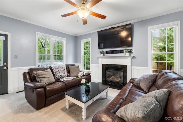 6530 Southshore Dr, Midlothian, VA 23112 - living room with a ceiling fan, ornamental molding, wainscoting, healthy amount of natural light, and a glass covered fireplace