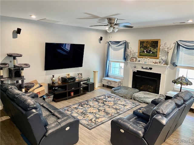15518 Centerline Ct, Chesterfield, VA 23832 - living area with ceiling fan, plenty of natural light, wood finished floors, and a fireplace