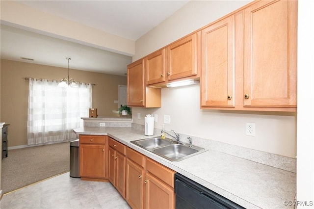405 Hollybrook Ridge Ln, Richmond, VA 23223 - kitchen featuring light countertops, a chandelier, a peninsula, hanging light fixtures, and black dishwasher