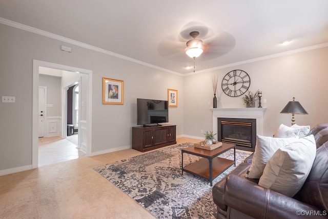 6013 Glen Abbey Dr, Glen Allen, VA 23059 - living area featuring light carpet, crown molding, a glass covered fireplace, and a ceiling fan