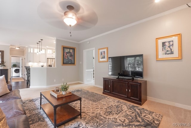 6013 Glen Abbey Dr, Glen Allen, VA 23059 - living room with washer / dryer, ornamental molding, and a ceiling fan