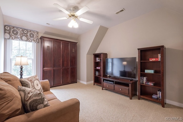6013 Glen Abbey Dr, Glen Allen, VA 23059 - living area featuring light carpet, a ceiling fan, and lofted ceiling