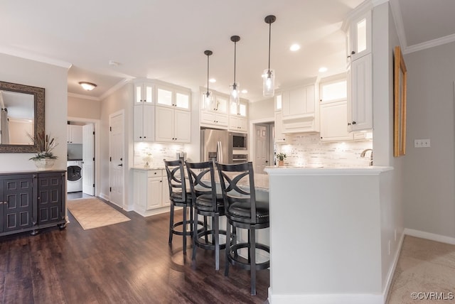 6013 Glen Abbey Dr, Glen Allen, VA 23059 - kitchen featuring stainless steel fridge with ice dispenser, white cabinets, glass insert cabinets, washer / clothes dryer, and decorative backsplash