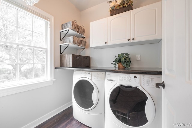 6013 Glen Abbey Dr, Glen Allen, VA 23059 - laundry area featuring washer and clothes dryer, plenty of natural light, cabinet space, and dark wood-style floors